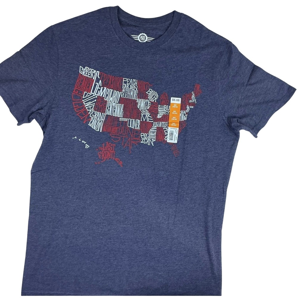 MAD Engine Mens Graphic T Shirt Medium Blue USA States Names Patriotic Crew Neck